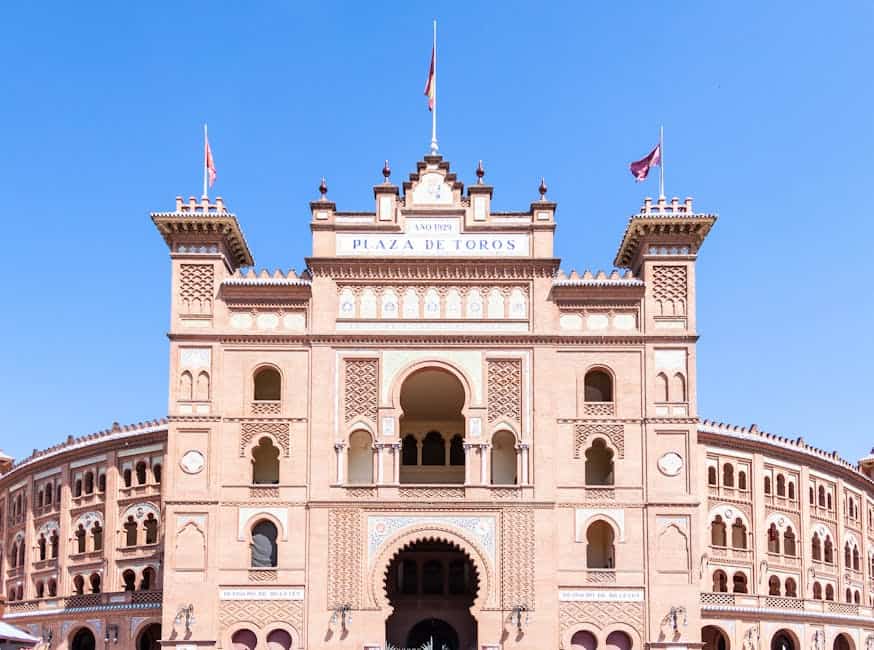 Front view of the iconic Plaza de Toros de Las Ventas, a landmark in Madrid, Spain.