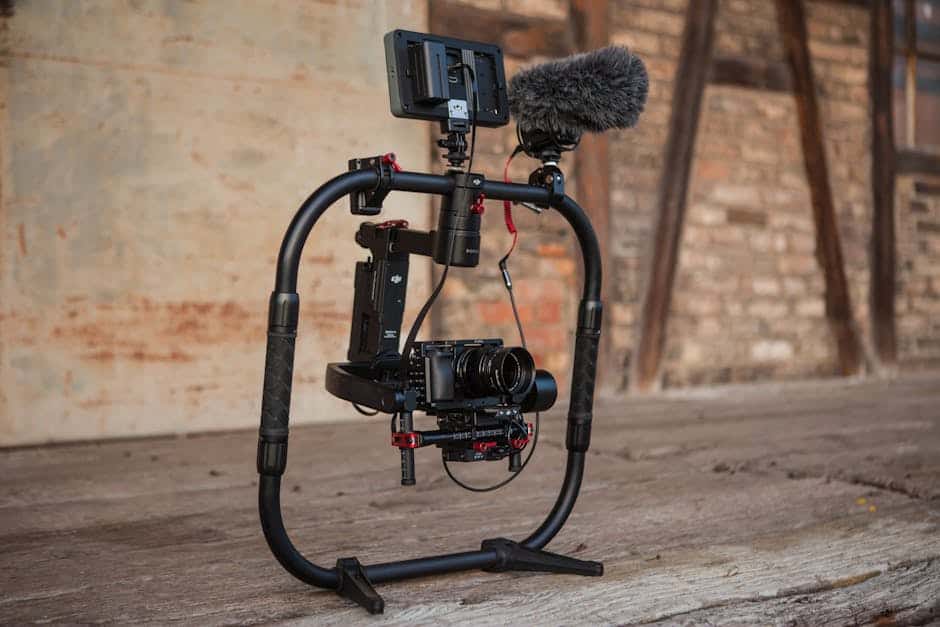 High-quality video rig with microphone and screen, ideal for filmmaking and videography, indoors.