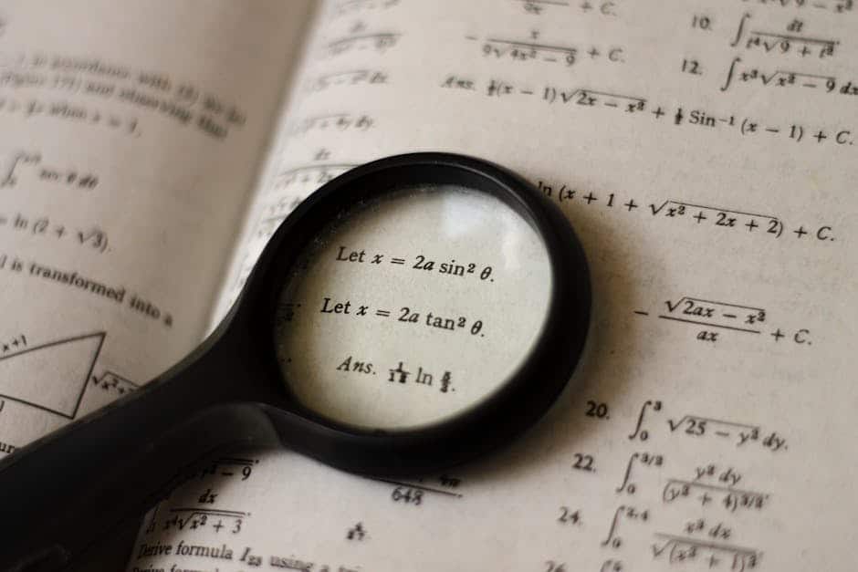 A magnifying glass focusing on mathematical equations in a textbook, symbolizing detailed study.